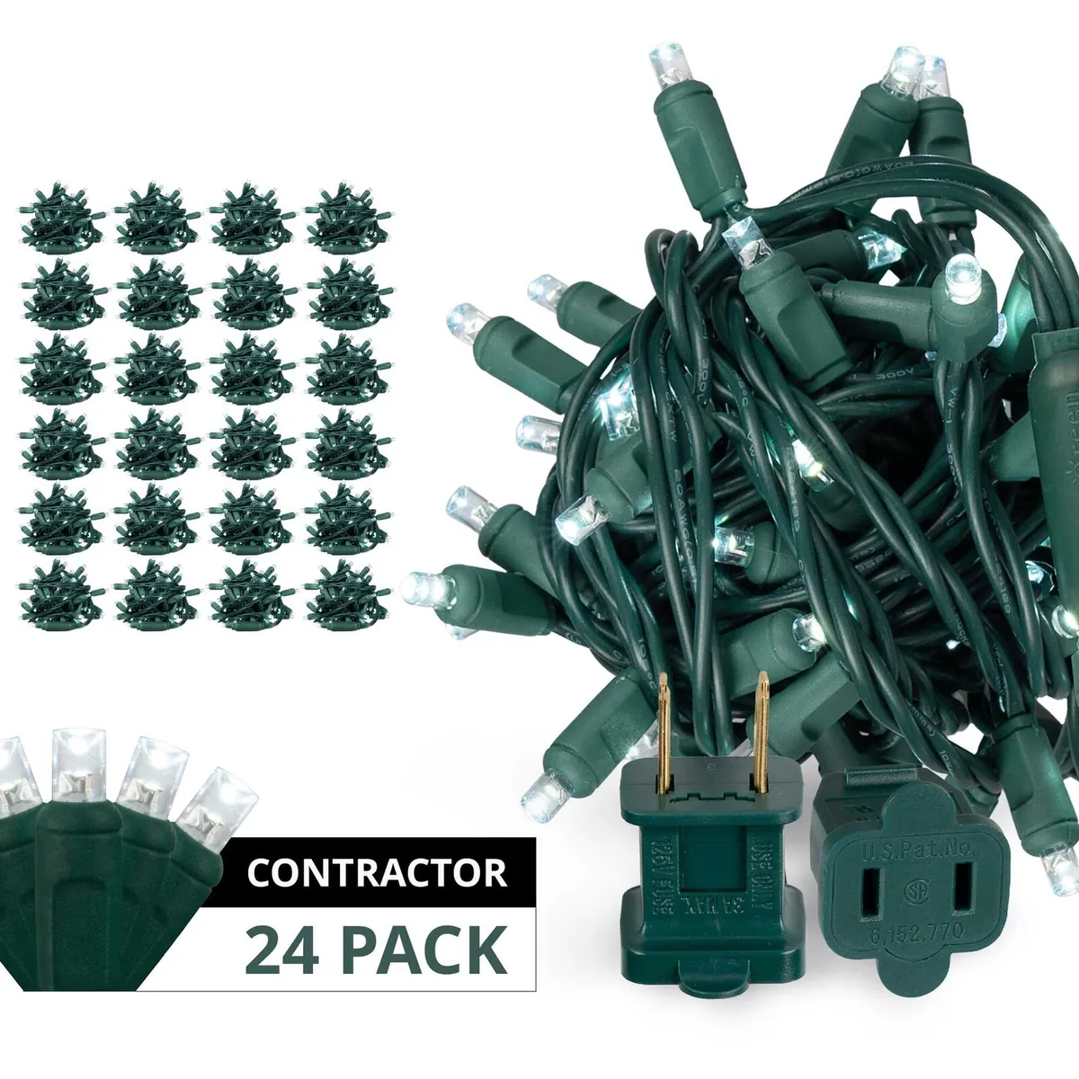 70 5mm Cool White LED Christmas Lights, Green Wire — 24-Set Contractor Case - Wintergreen Lighting® 84248