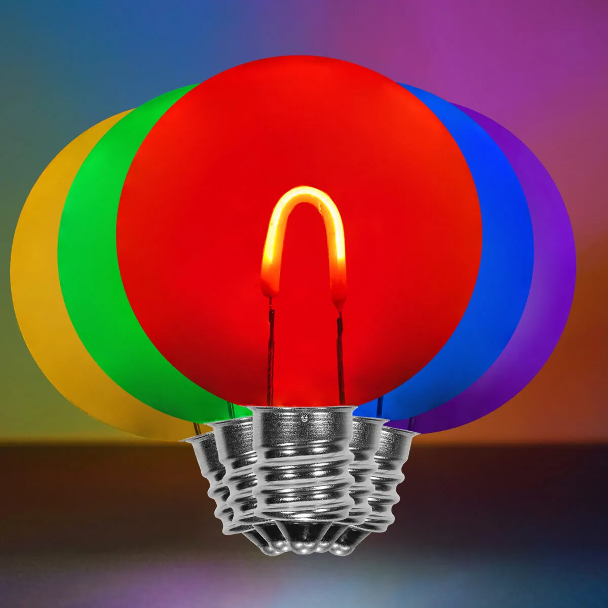G50 Transparent Acrylic Multicolor FlexFilament® Globe Light LED Edison Bulbs , E12 - Candelabra Base, Box of 5 - Wintergreen Lighting® 76861