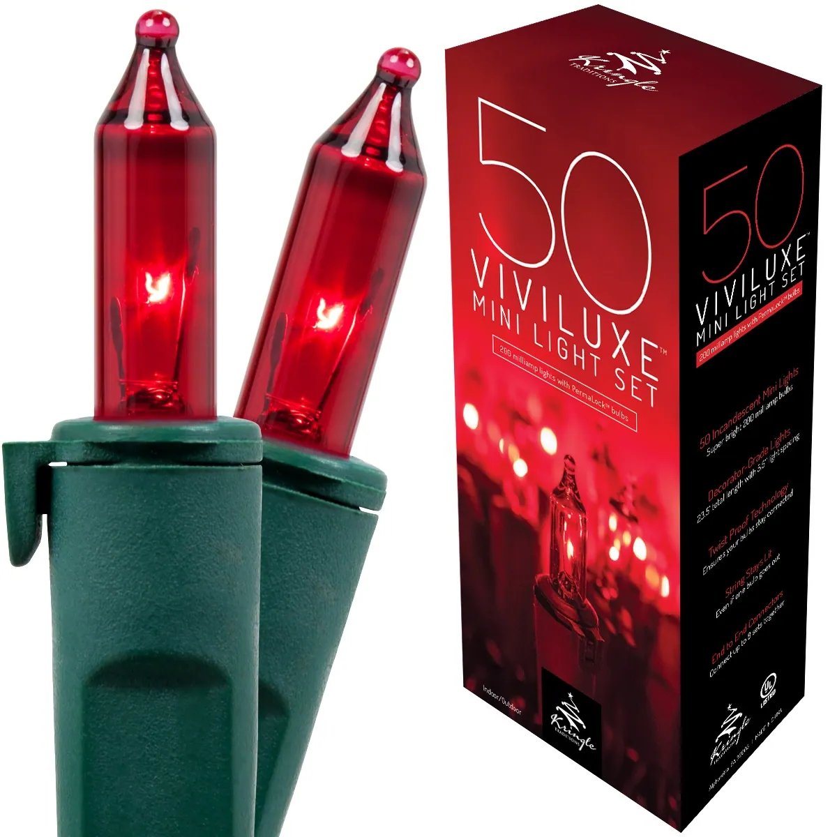 50 Viviluxe TM Red Christmas Mini Lights, Green Wire, 5.5" Spacing - Kringle Traditions® 74376