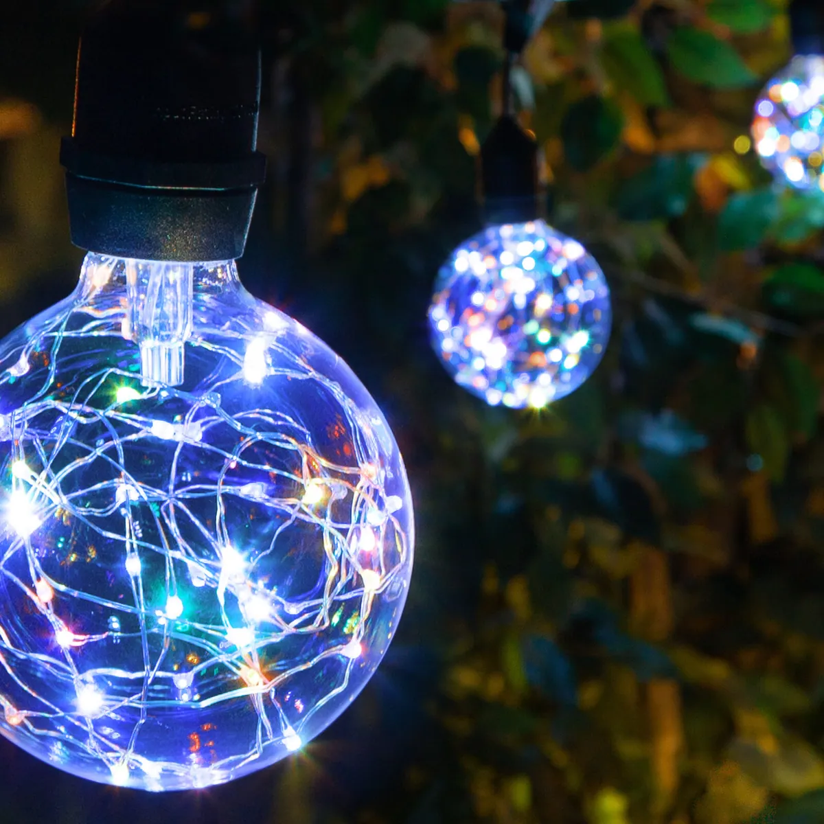 RGB Color Change LEDimagineTM Patio String Light Set with G95 Fairy Light Bulbs on Black Wire with Drops — 10 Lights, 30 Feet - Wintergreen Lighting® 84765