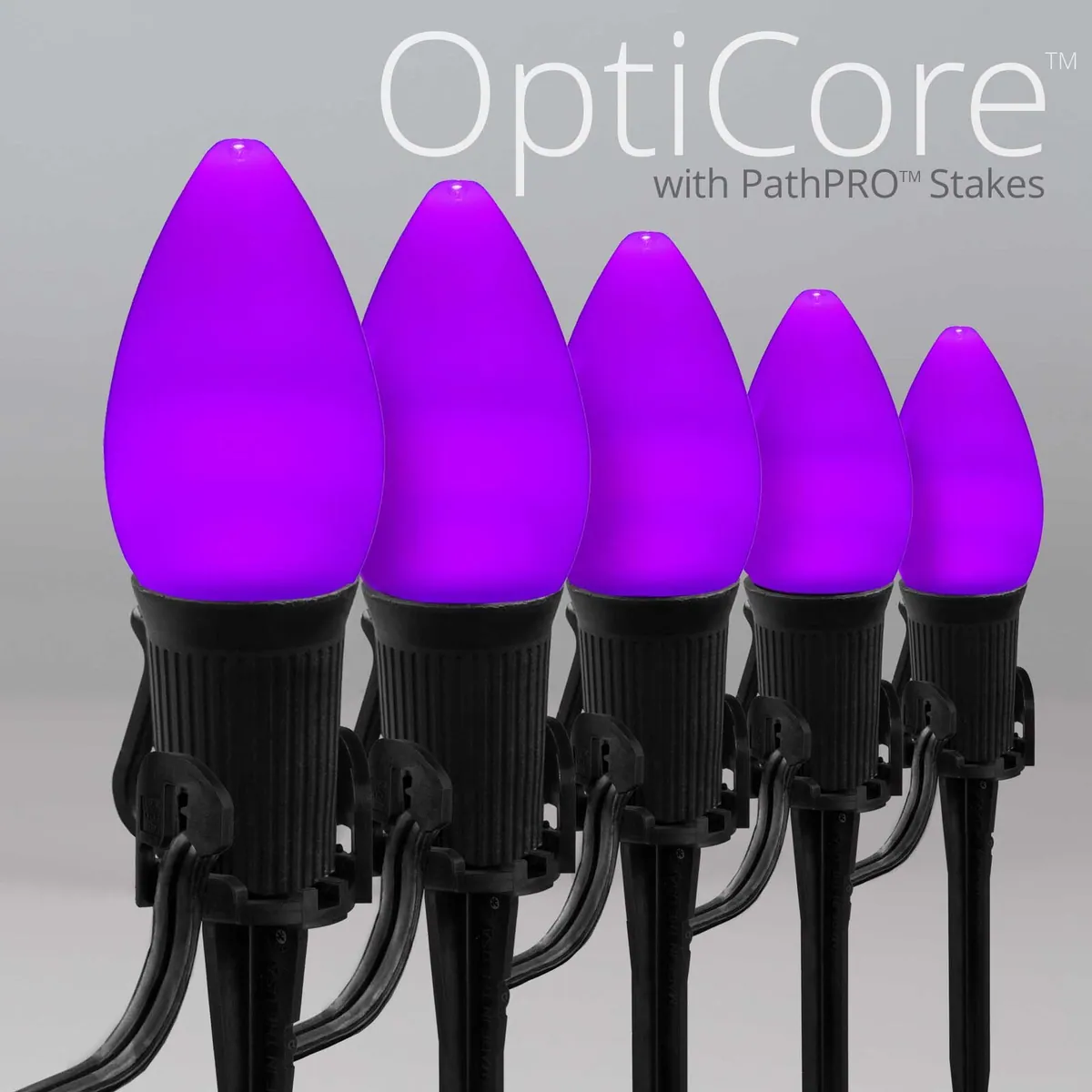 C7 Purple Smooth OptiCore® Halloween Pathway Lights, 5" PathPRO TM Stakes - Wintergreen Lighting® 87673