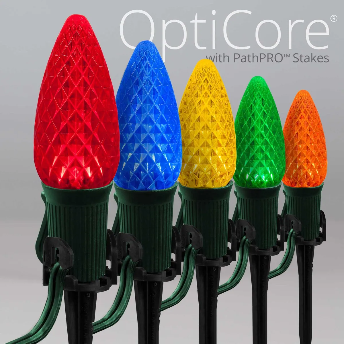C9 Multicolor OptiCore Christmas Pathway Lights, 25 Lights, 5 Inch PathPRO TM Stakes, 25' - Wintergreen Lighting® 84795