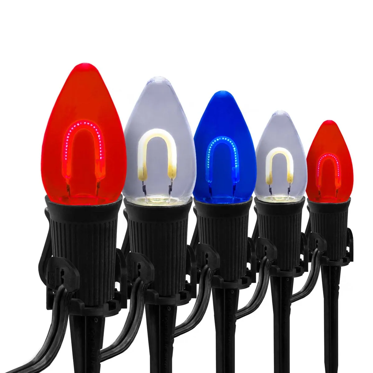 C7 Red / White / Blue FlexFilament Shatterproof Patriotic Pathway Lights, 15 Lights, 5 Inch PathPRO TM Stakes, 15' - Wintergreen Lighting® 85146
