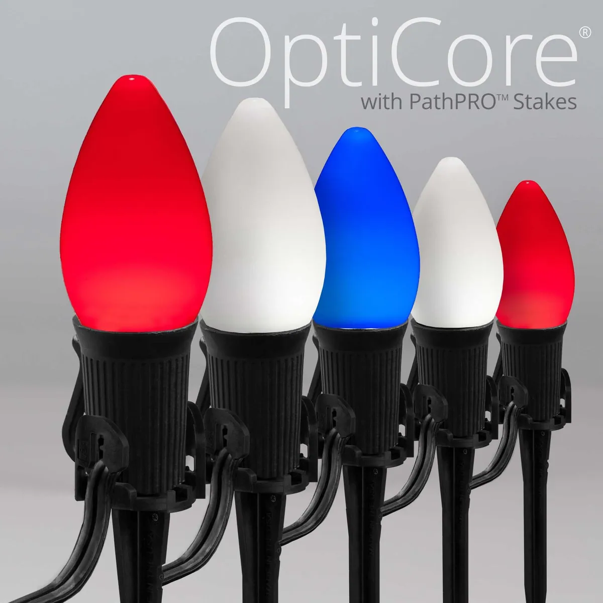 C7 Red / White / Blue Smooth OptiCore® Patriotic Pathway Lights, 5" PathPRO TM Stakes - Wintergreen Lighting® 85145