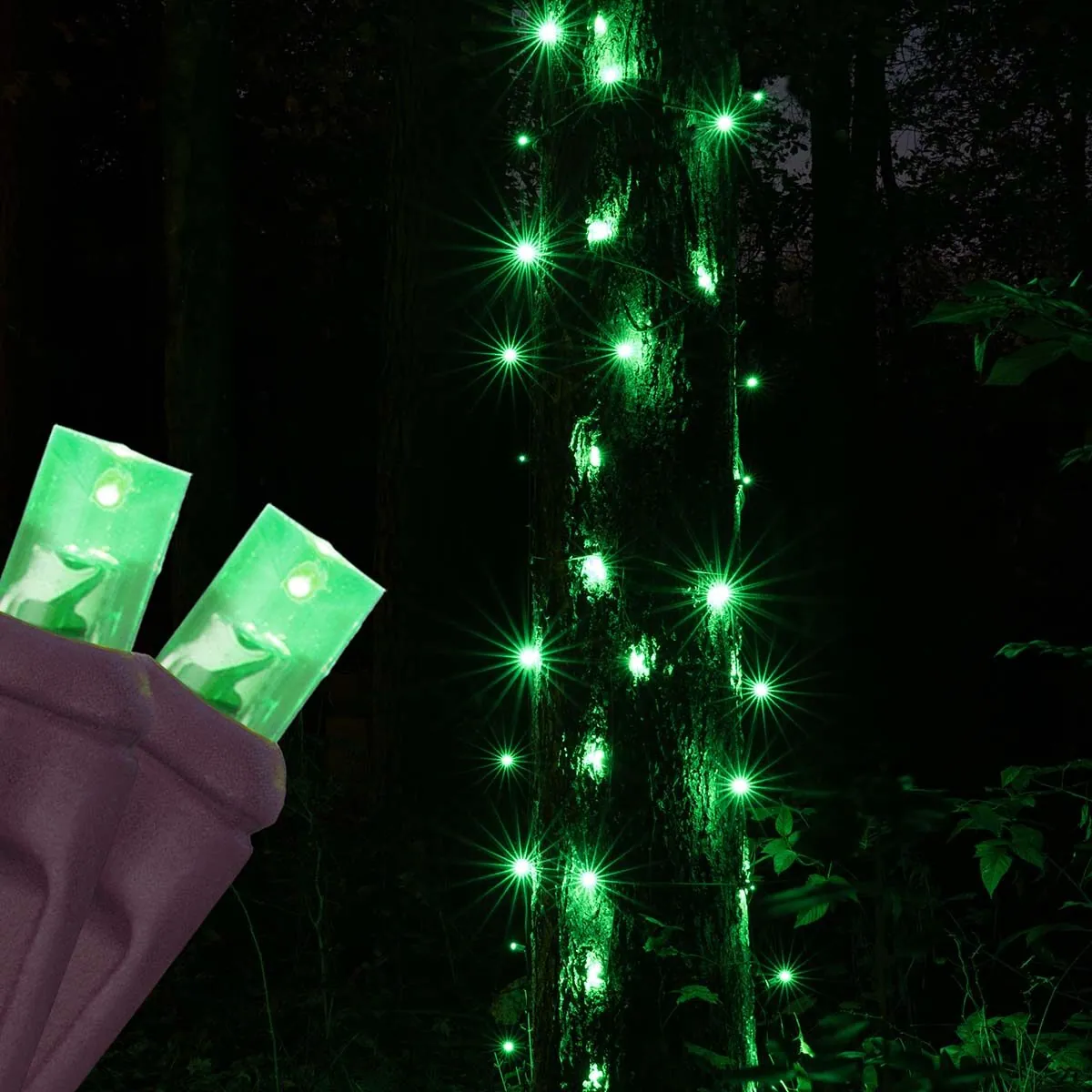 Green StretchNet Pro® 5mm LED Trunk Wrap Lights on Brown Wire - Wintergreen Lighting® 81109