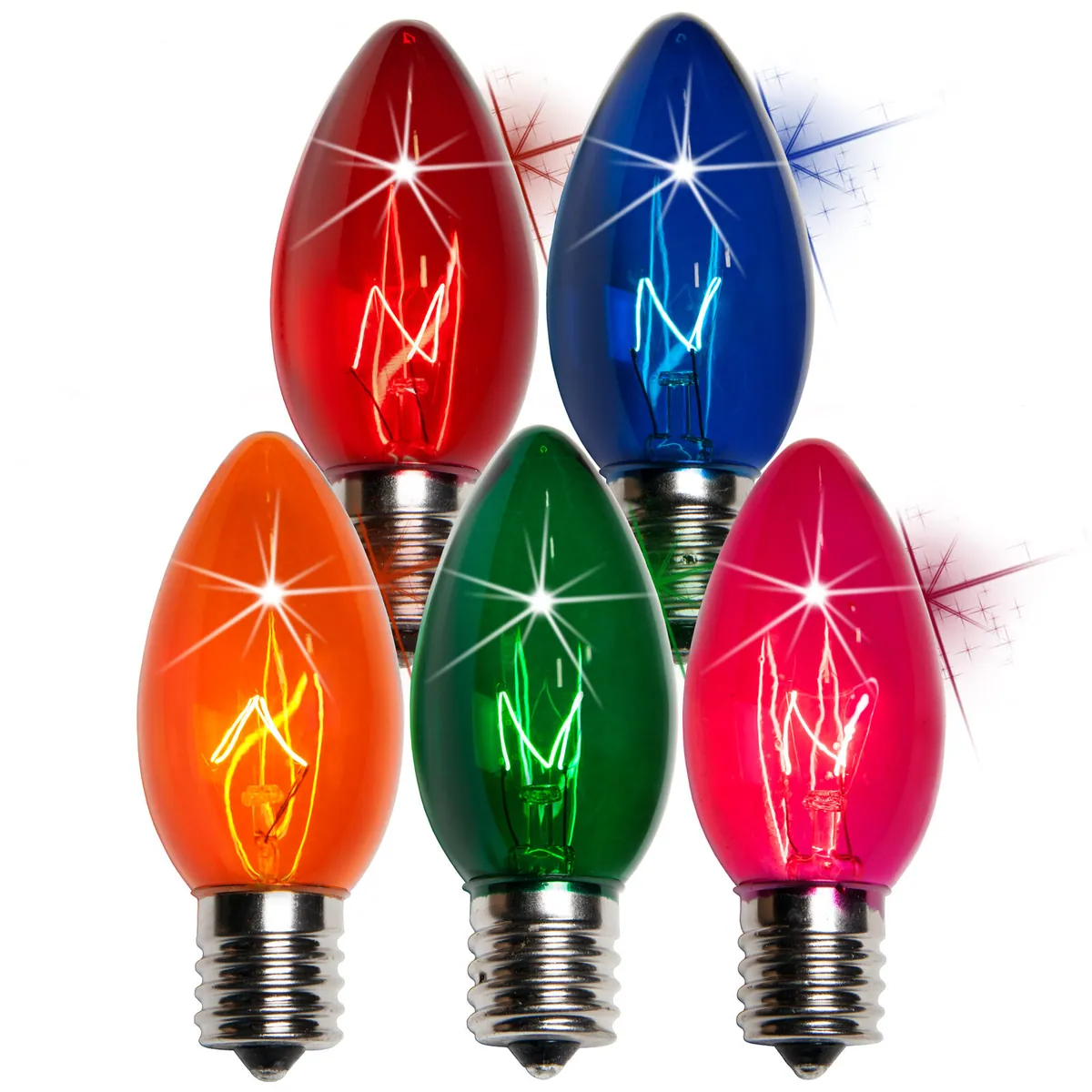 C9 Twinkle Multicolor Triple Dipped Transparent Bulbs, Box of 25 - Wintergreen Lighting® 15152