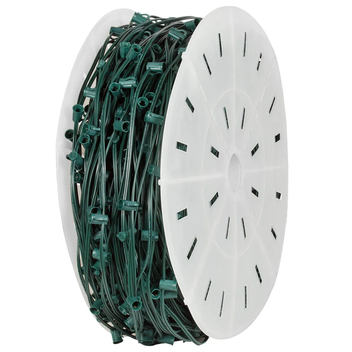 E12 - Candelabra Light Spool, Green Wire — 500 ft, 500 sockets, 12 in spacing, SPT1W - Wintergreen Lighting® 72912