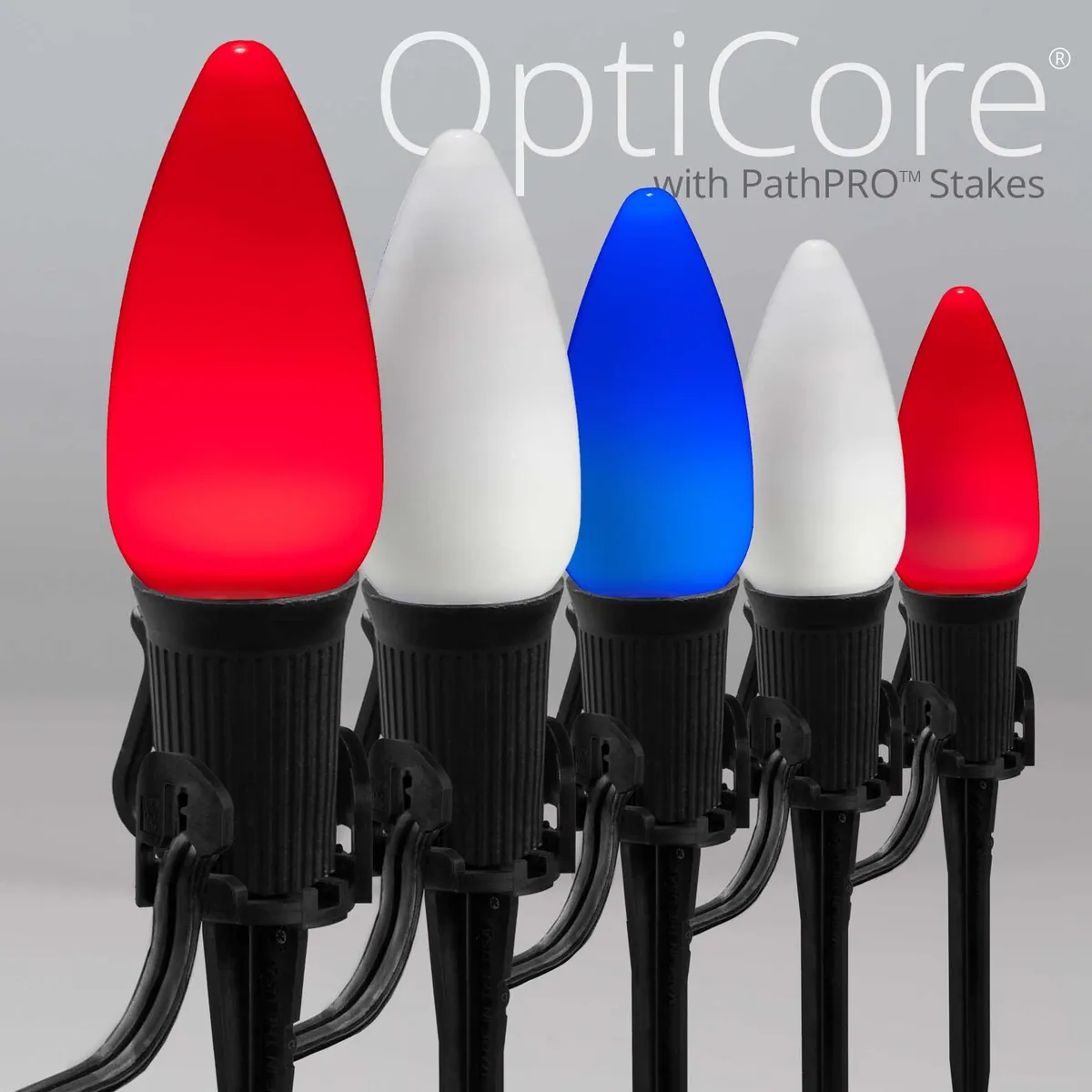 C9 Red / White / Blue Smooth OptiCore® Patriotic Pathway Lights, 5" PathPRO TM Stakes - Wintergreen Lighting® 85148