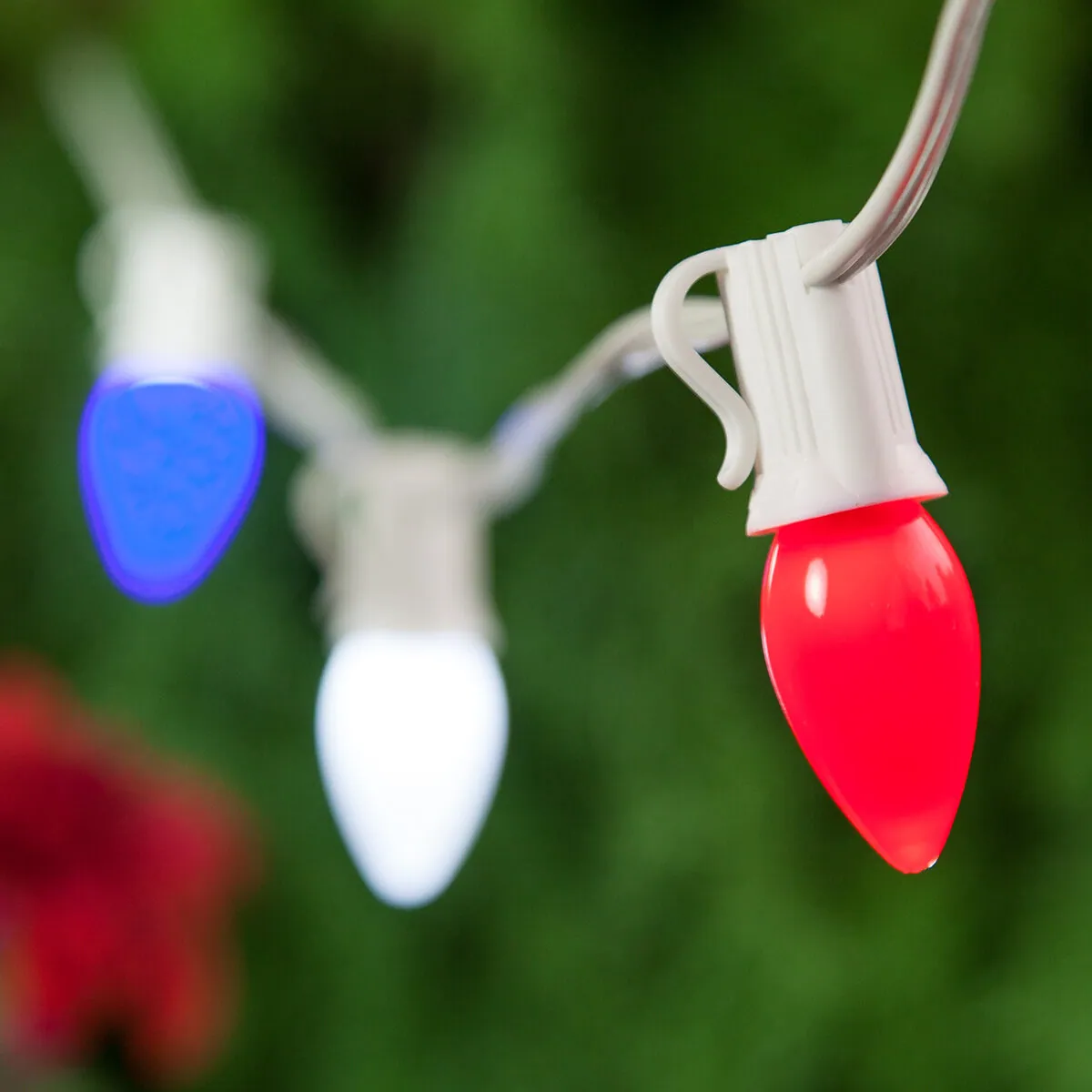 Red, White and Blue OptiCore LED Patio String Light Set with C7 E12 Bulbs on White Wire — 84705 - Wintergreen Lighting® 84705