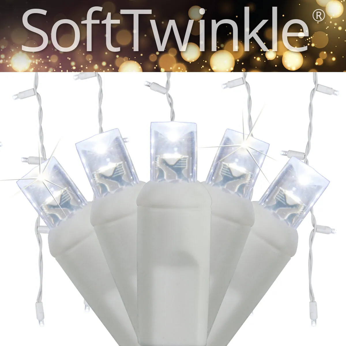 Cool White 5mm LED SoftTwinkle® Icicle Lights on White Wire - Wintergreen Lighting® 85157