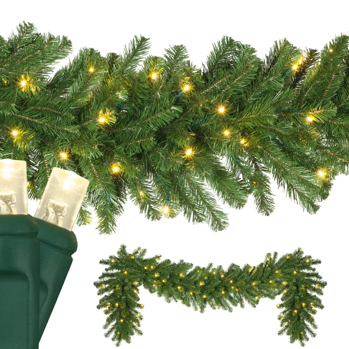 9' x 14" Olympia Pine Prelit Commercial LED Holiday Garland, 100 Warm White Lights - Red Sleigh® 74860