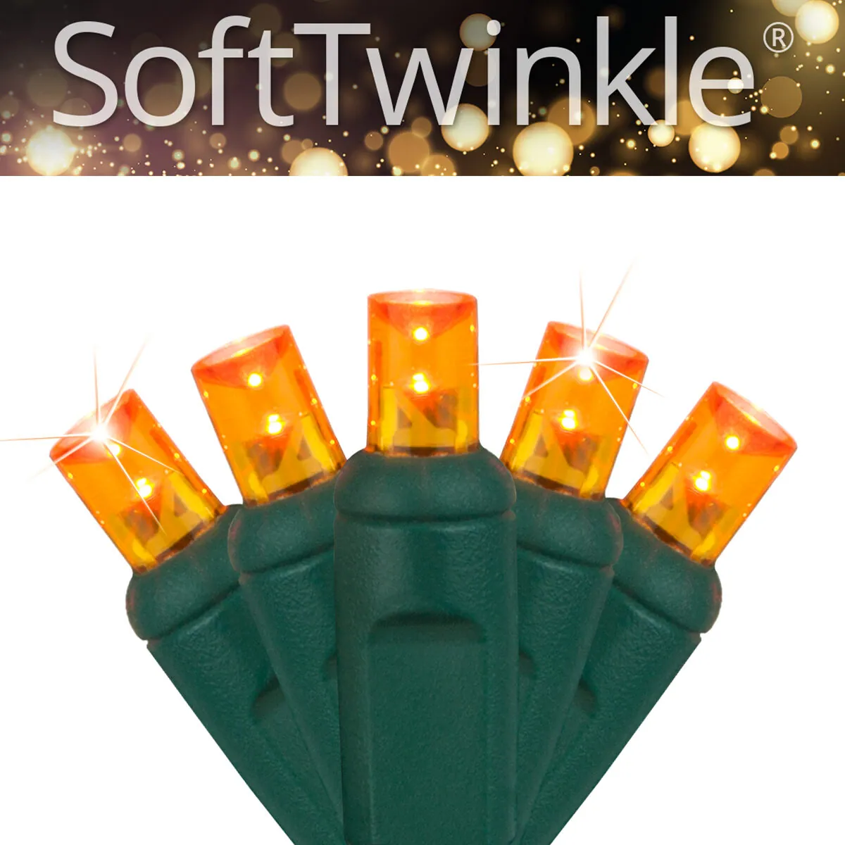 5mm SoftTwinkle® Wide Angle Amber LED Christmas Lights on Green Wire - Wintergreen Lighting® 85201