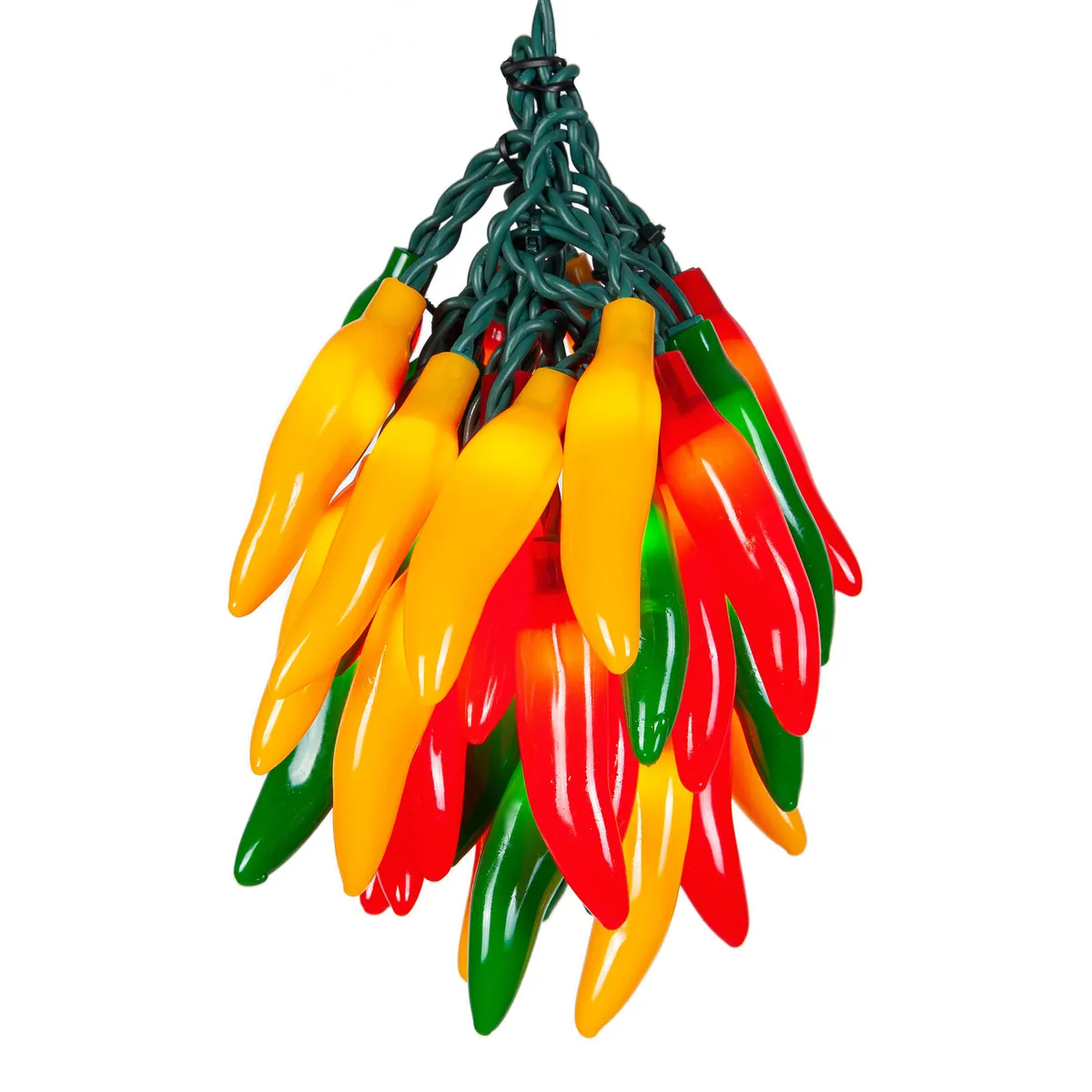 Chili Pepper Cluster Light Set, 35 Multicolored Lights, Green Wire - Wintergreen Lighting® 17472