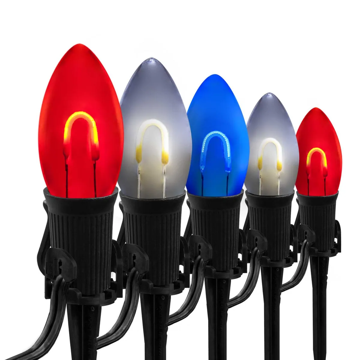 C9 Red / White / Blue FlexFilament Shatterproof Patriotic Pathway Lights, 15 Lights, 5 Inch PathPRO TM Stakes, 15' - Wintergreen Lighting® 85139