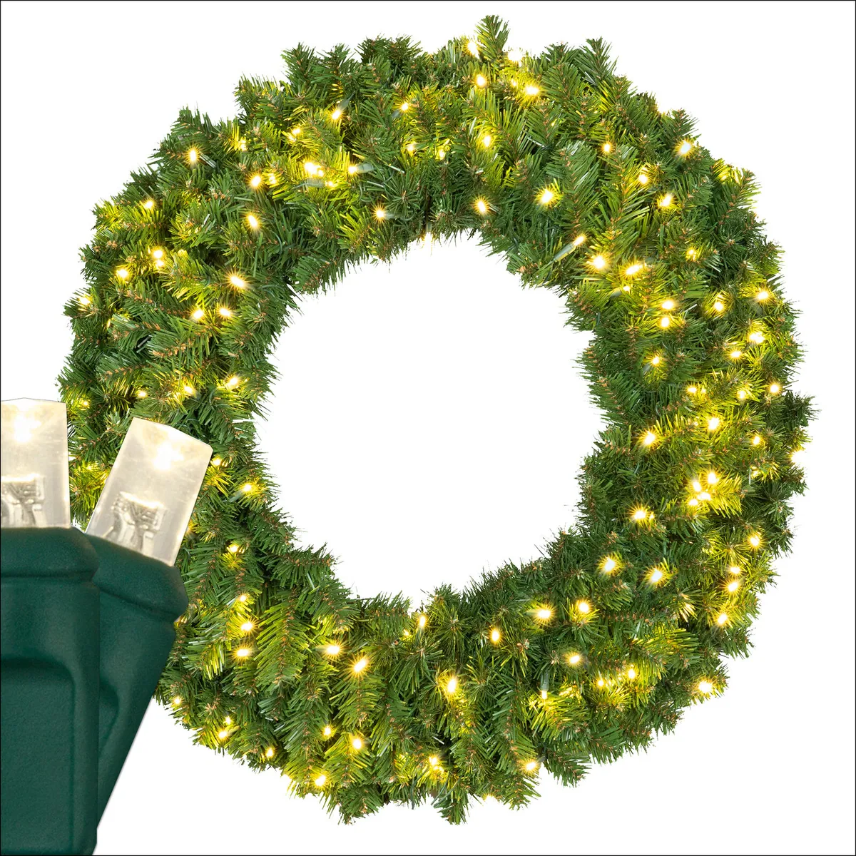 Sequoia Fir Prelit Commercial LED Holiday Wreath, Warm White Lights — 36 in, 150 Lights - Red Sleigh® 85503