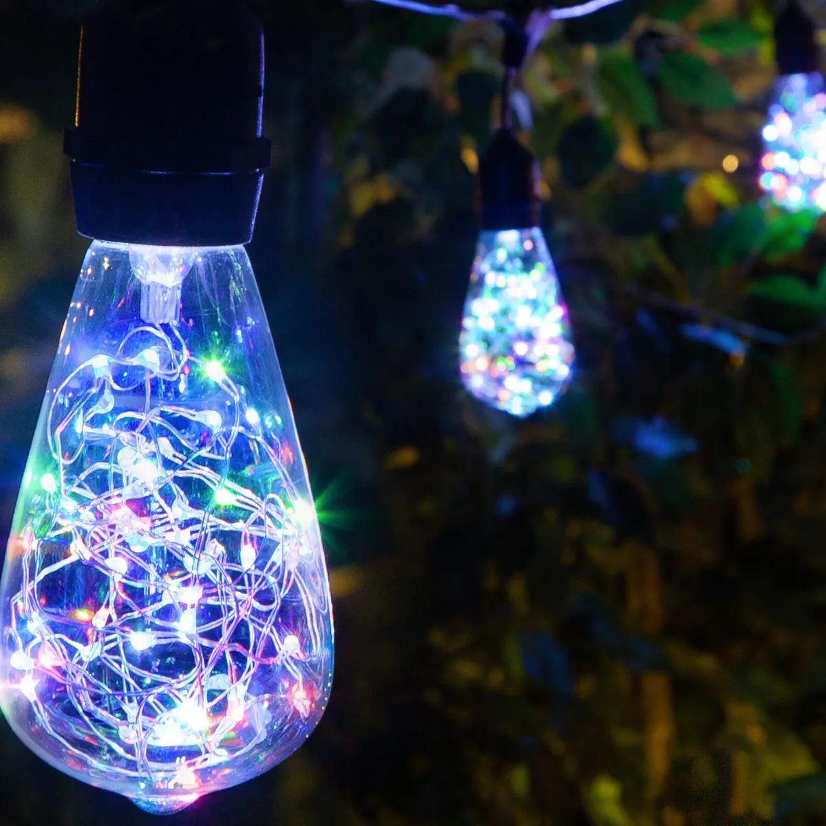 RGB Color Change LEDimagineTM Patio String Light Set with ST64 Fairy Light Bulbs on Black Wire with Drops — 10 Lights, 30 Feet - Wintergreen Lighting® 84777