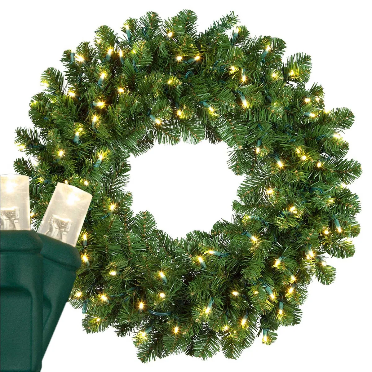 Oregon Fir Prelit Commercial LED Holiday Wreath, Warm White Lights — 36 in, 100 Lights - Red Sleigh® 85554