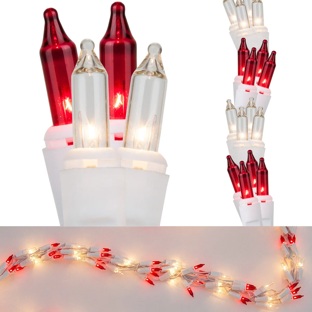 18' Garland Lights, 600 Red/Clear Lights, White Wire - Wintergreen Lighting® 79084