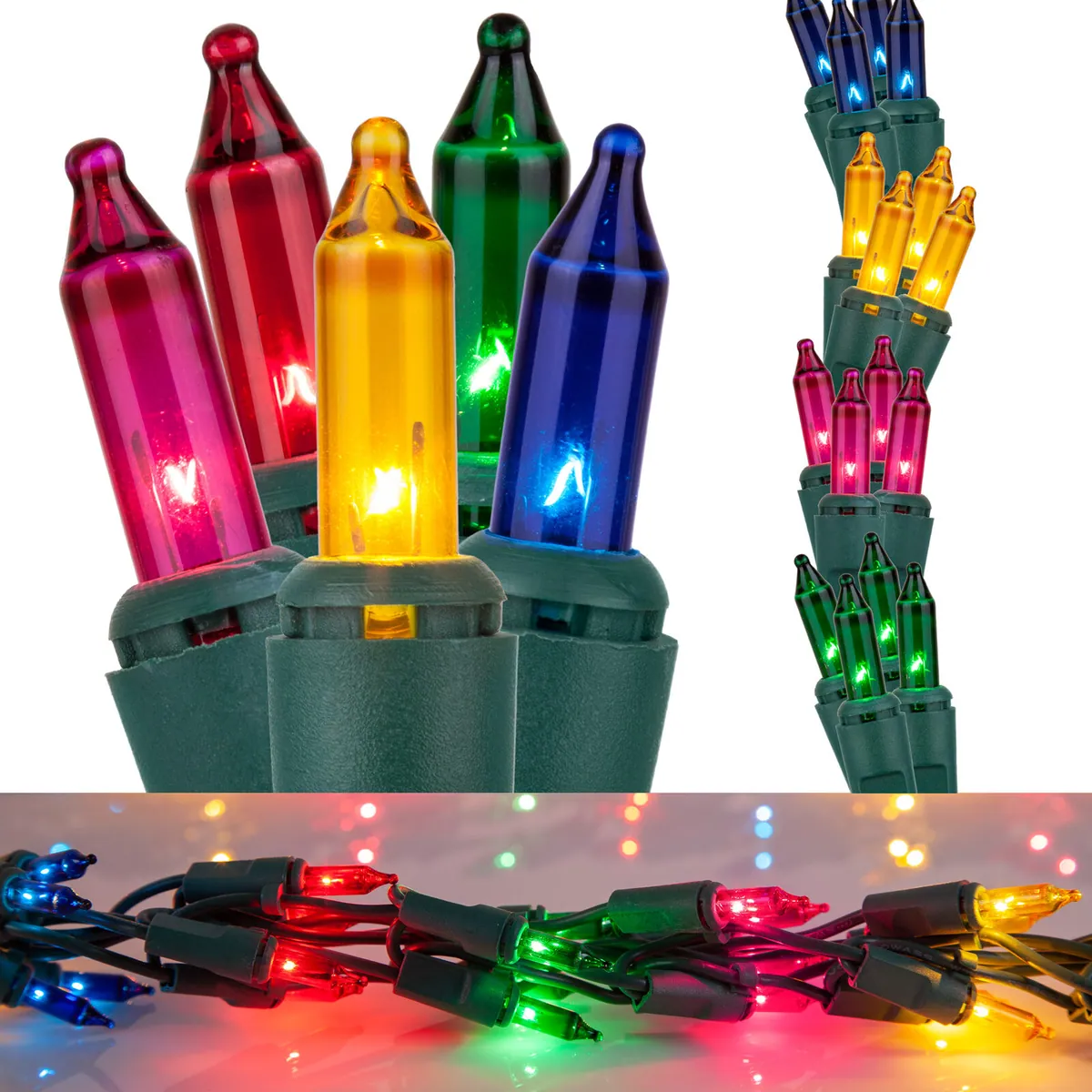 9' Garland Lights, 300 Multicolored Lamps, Green Wire - Wintergreen Lighting® 17906