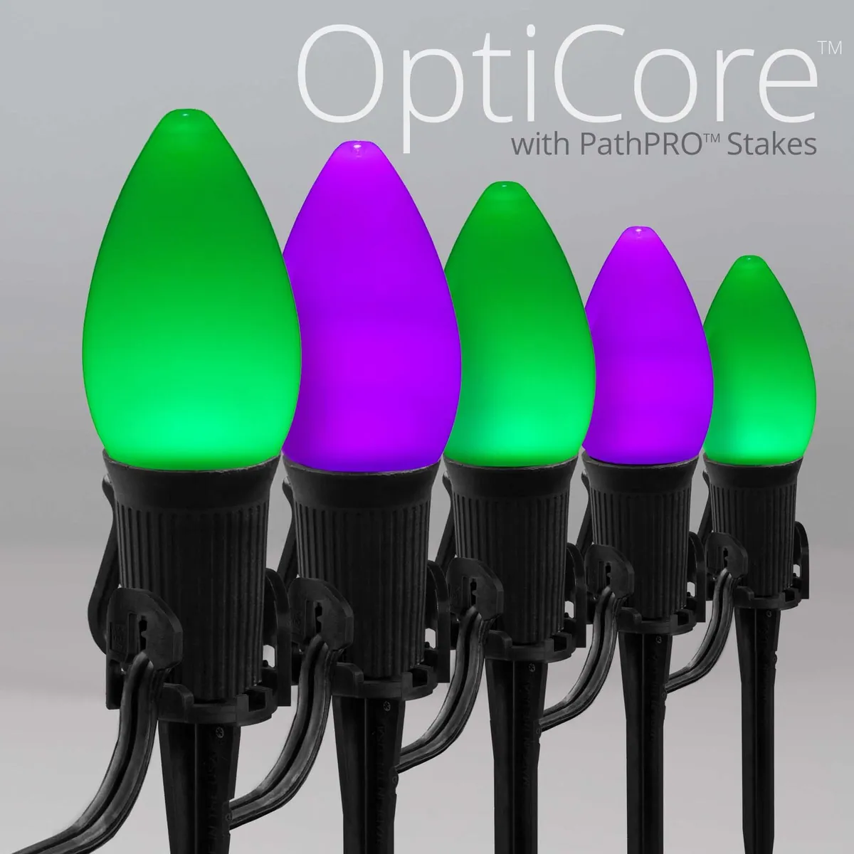 C7 Green / Purple Smooth OptiCore® Halloween Pathway Lights, 5" PathPRO TM Stakes - Wintergreen Lighting® 87670
