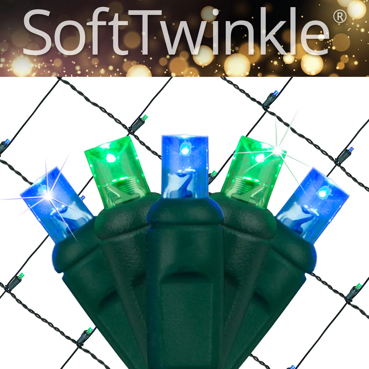 Blue, Green SoftTwinkle® 5mm LED Christmas Net Lights on Green Wire - Wintergreen Lighting® 85179