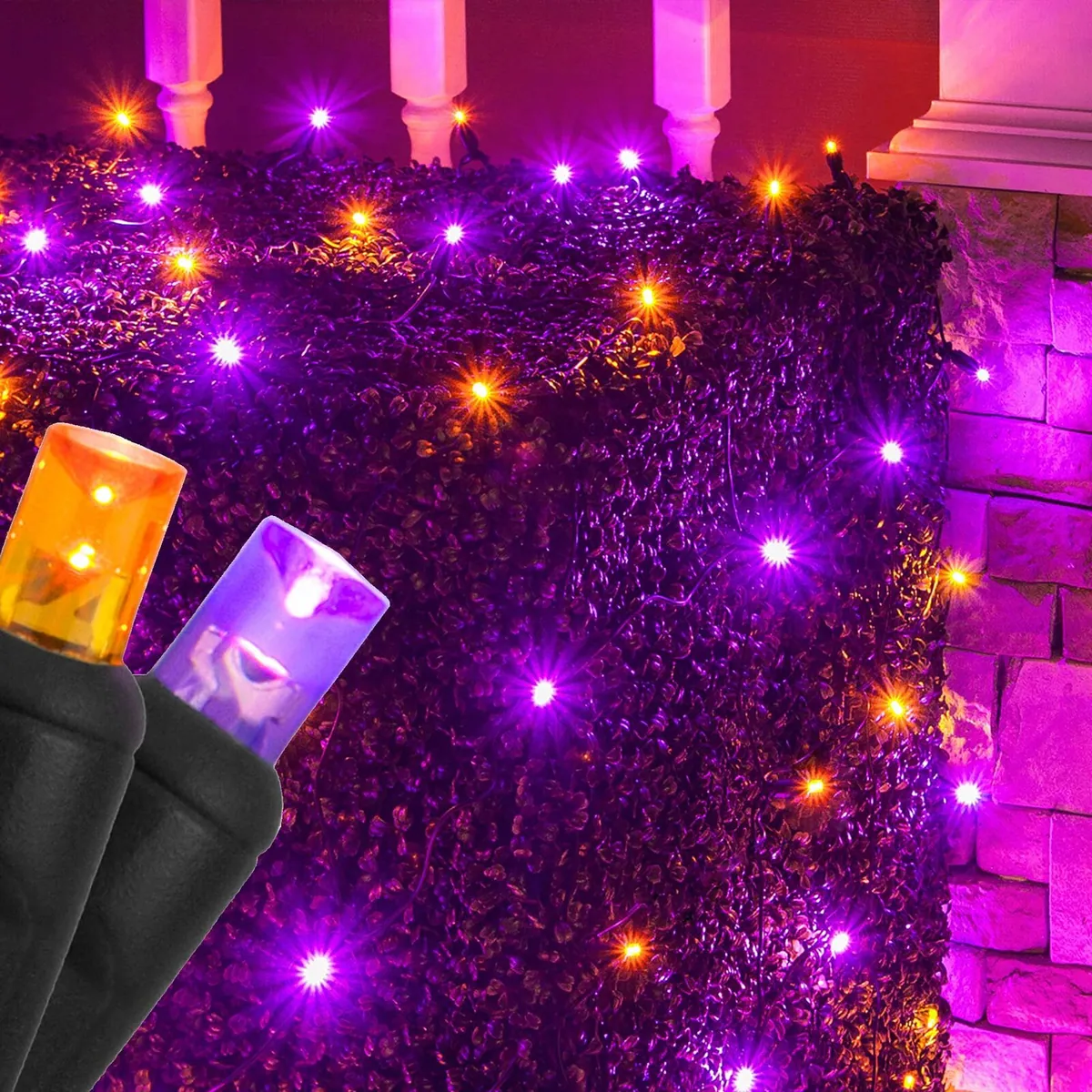 Purple, Orange 5mm LED Halloween Net Lights on Black Wire - Wintergreen Lighting® 85464