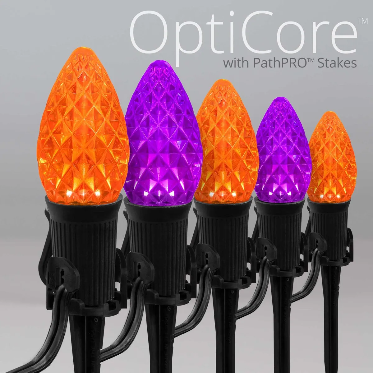 C7 Amber / Purple OptiCore Halloween Pathway Lights, 50 Lights, 5 Inch PathPRO TM Stakes, 50' - Wintergreen Lighting® 87655