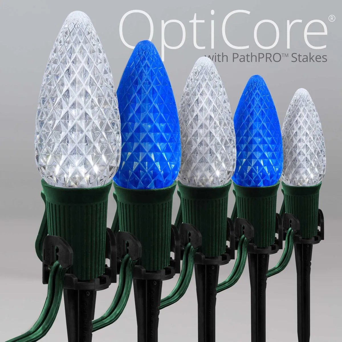 C9 Blue / Cool White OptiCore Christmas Pathway Lights, 50 Lights, 5 Inch PathPRO TM Stakes, 50' - Wintergreen Lighting® 84809