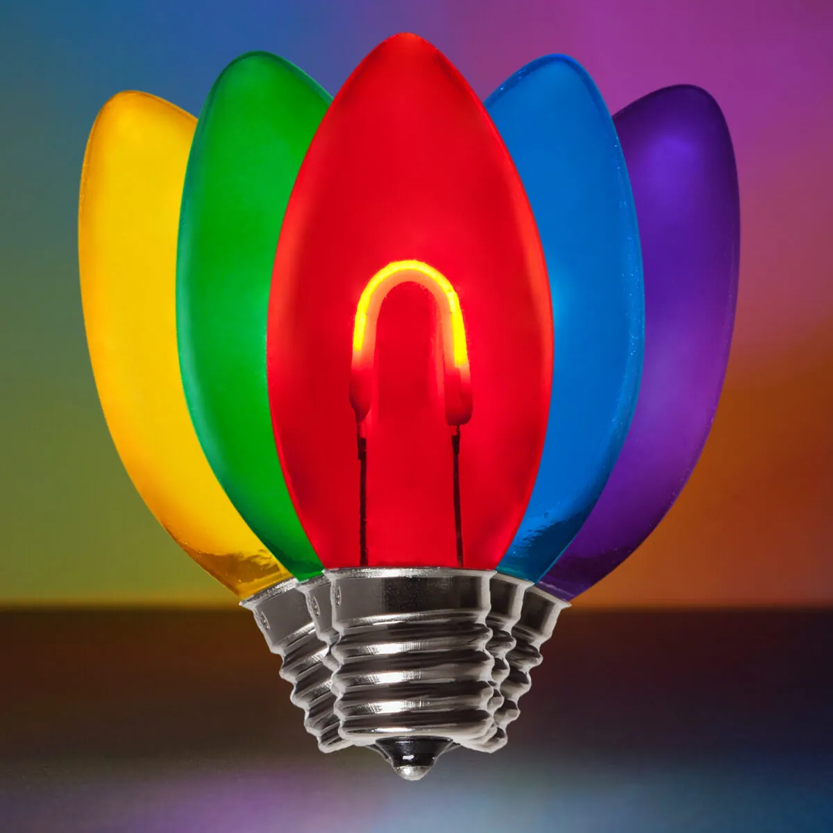 C9 Transparent Shatterproof Multicolor FlexFilament® LED Bulbs, Box of 5 - Wintergreen Lighting® 80649