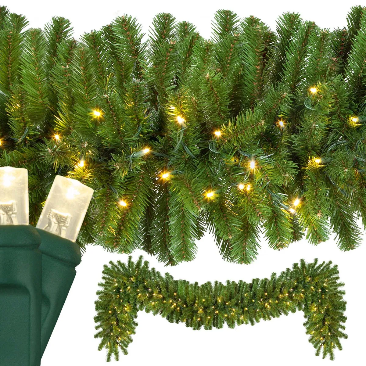 Sequoia Fir Prelit Commercial LED Holiday Garland, Warm White Lights — Length 9 ft, Width 18 in - Red Sleigh® 85495