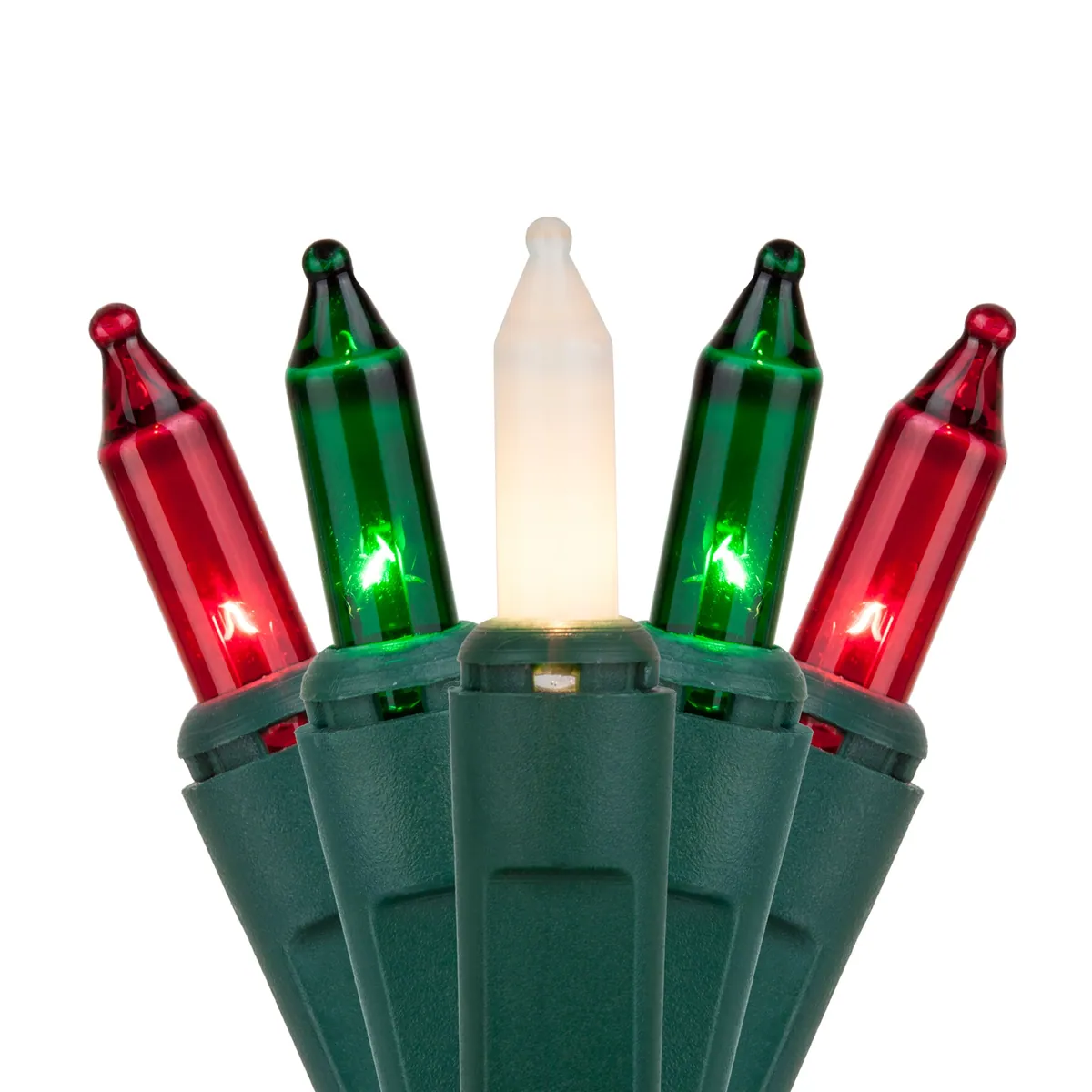 Commercial 100 Red, Green, White Frost Mini Lights, Lamp Lock, Green Wire, 6" Spacing - Wintergreen Lighting® 18750